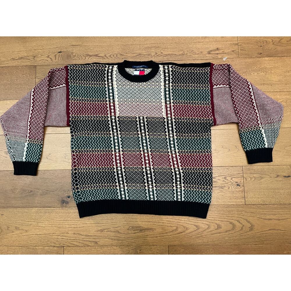 Vtg 90s Tommy Hilfiger Wool Blend Plaid Fair Isle Sweater XL Big Flag Hevyweight